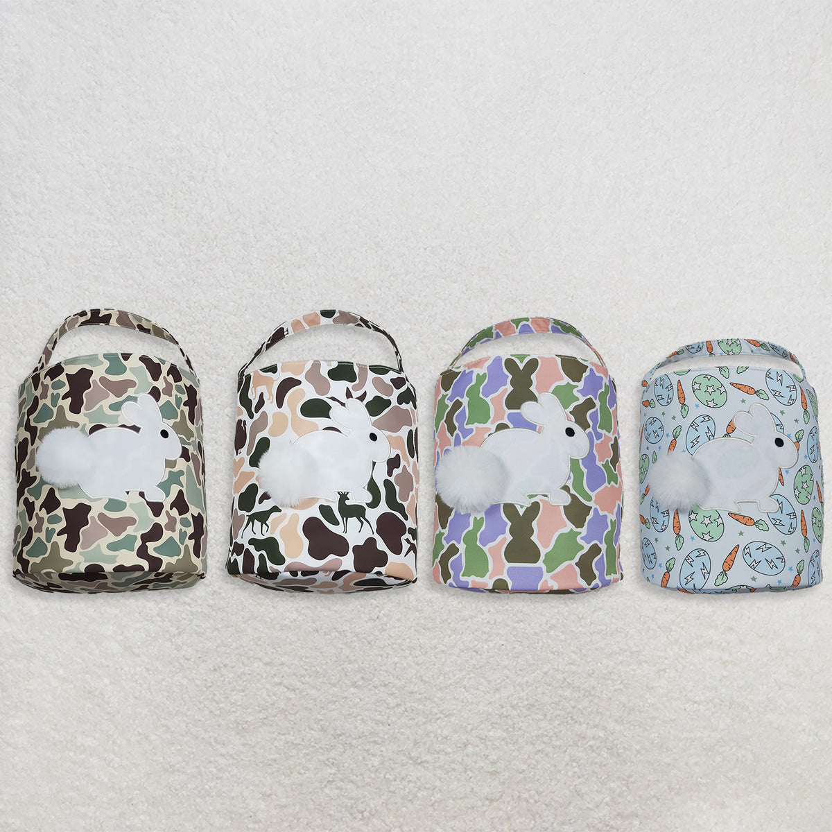 RTS NO MOQ Sibling Bags Baby Kids Embroidery Rabbits Pink Green Camo Easter Bucket Baskets