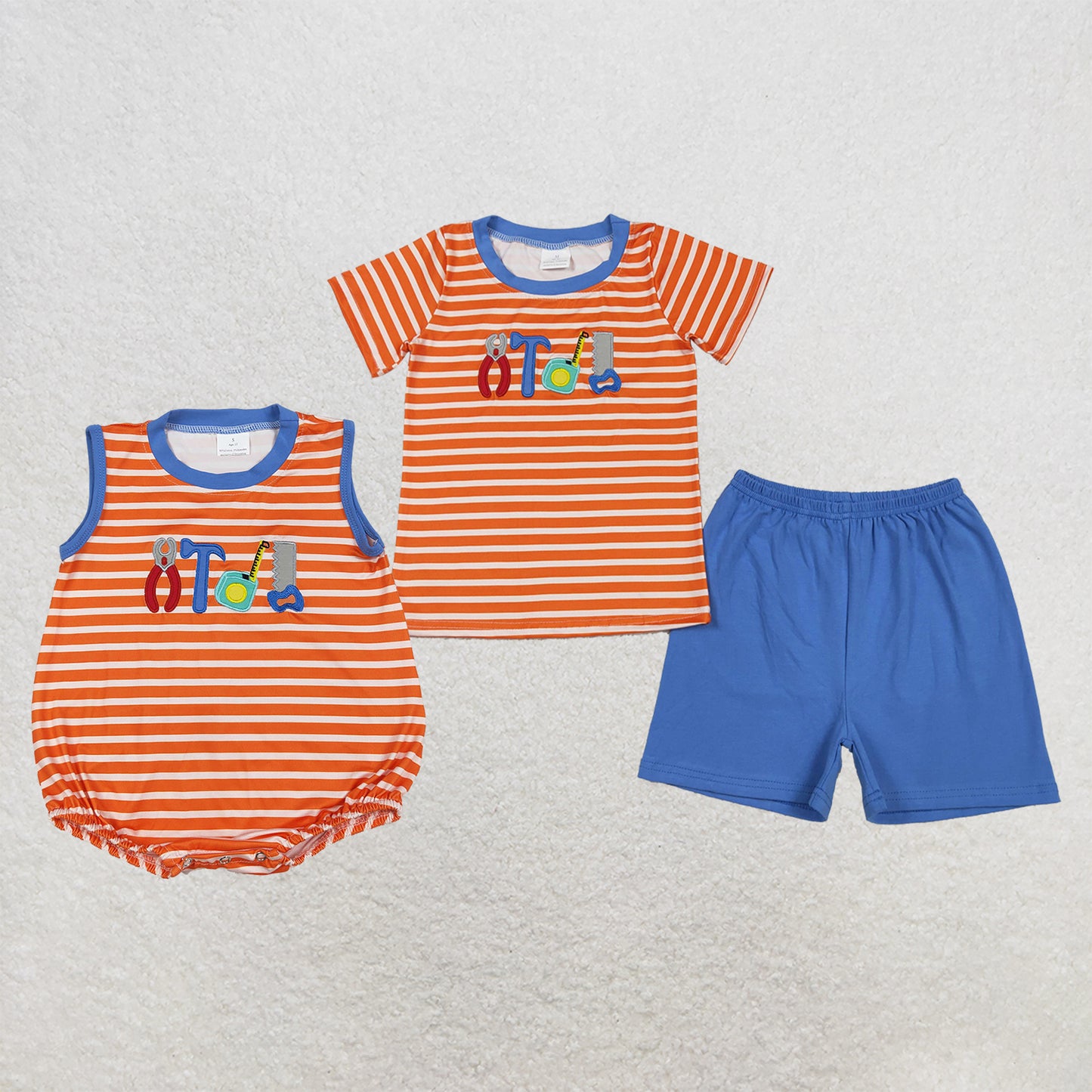 RTS NO MOQ Sibling  Baby Boys Embroidery Tools Orange Stripe Top Shorts Clothes Sets Orange Stripe Rompers