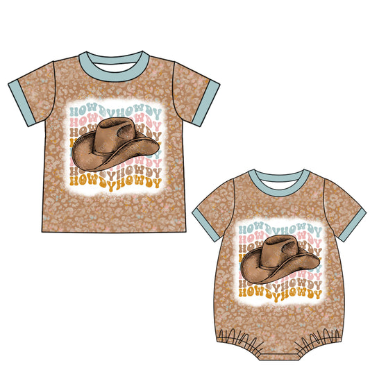 25.5.28 custom each style moq 5eta 4-6week Sibling Sister HOWDY hat baby boy short sleeve rompers and top match family design