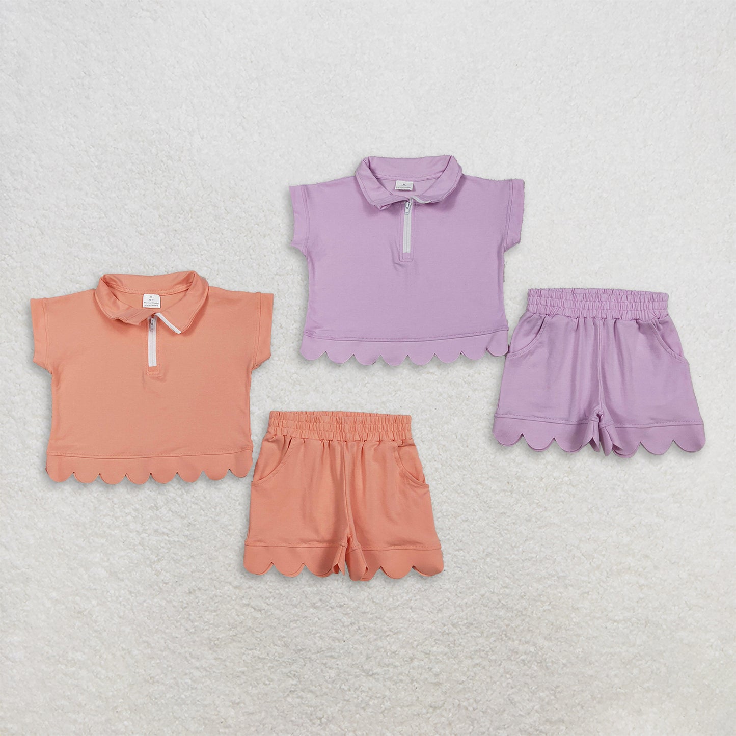 RTS NO MOQ Sibling cotton Baby Girls Zipper Pullover Top Scallop Pocket Short Outfit Set