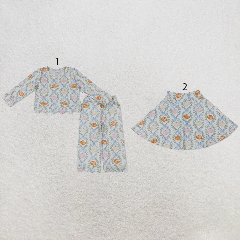 RTS NO MOQ Sibling milk silk Baby Girls Flower Pumpkin Check Print Top Pants Scallop Clothes Set Yoga Active Skirt Shorts Bottom
