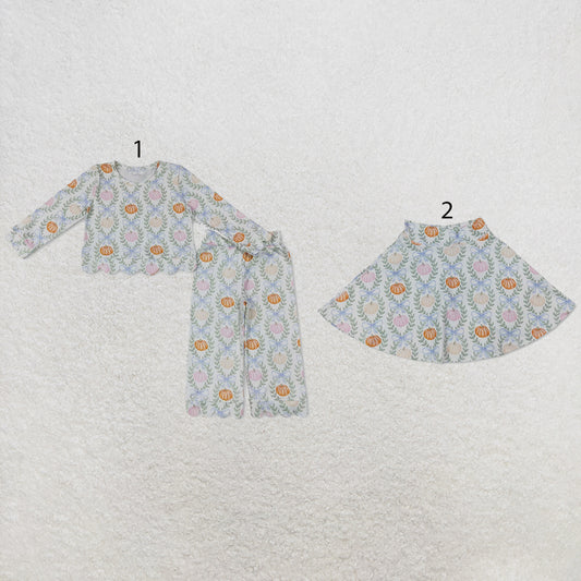 RTS NO MOQ Sibling milk silk Baby Girls Flower Pumpkin Check Print Top Pants Scallop Clothes Set Yoga Active Skirt Shorts Bottom