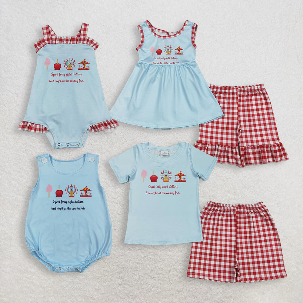 RTS NO MOQ Sibling Baby Boys Girls Red Checked Shirt Top with Shorts Rompers Set