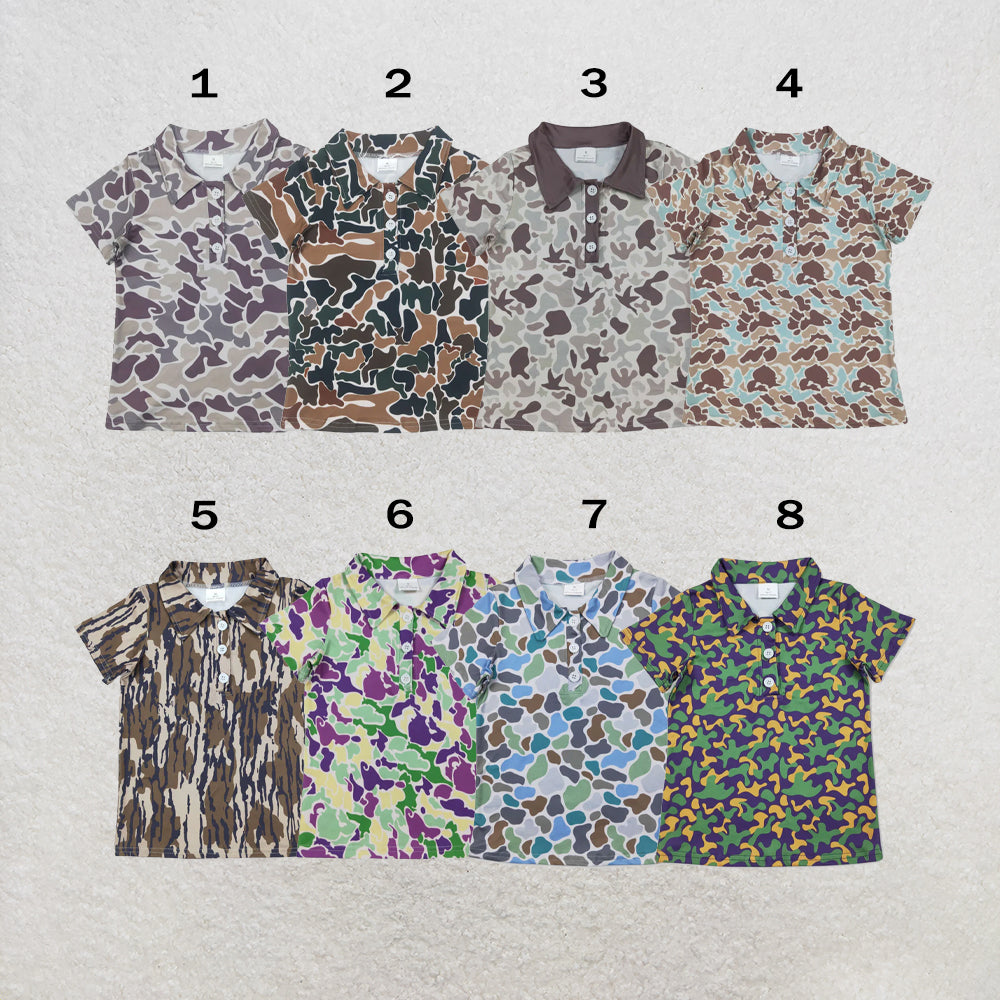 RTS NO MOQ Sibling milk silk Baby Boys Short Sleeve Hunting Camo Button Polo Shirts Top