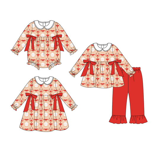 25.8.13 custom each style moq 5eta 4-6week Sibling Sisters Christmas bow baby girl long sleeve pants sets and dress and rompers match family design
