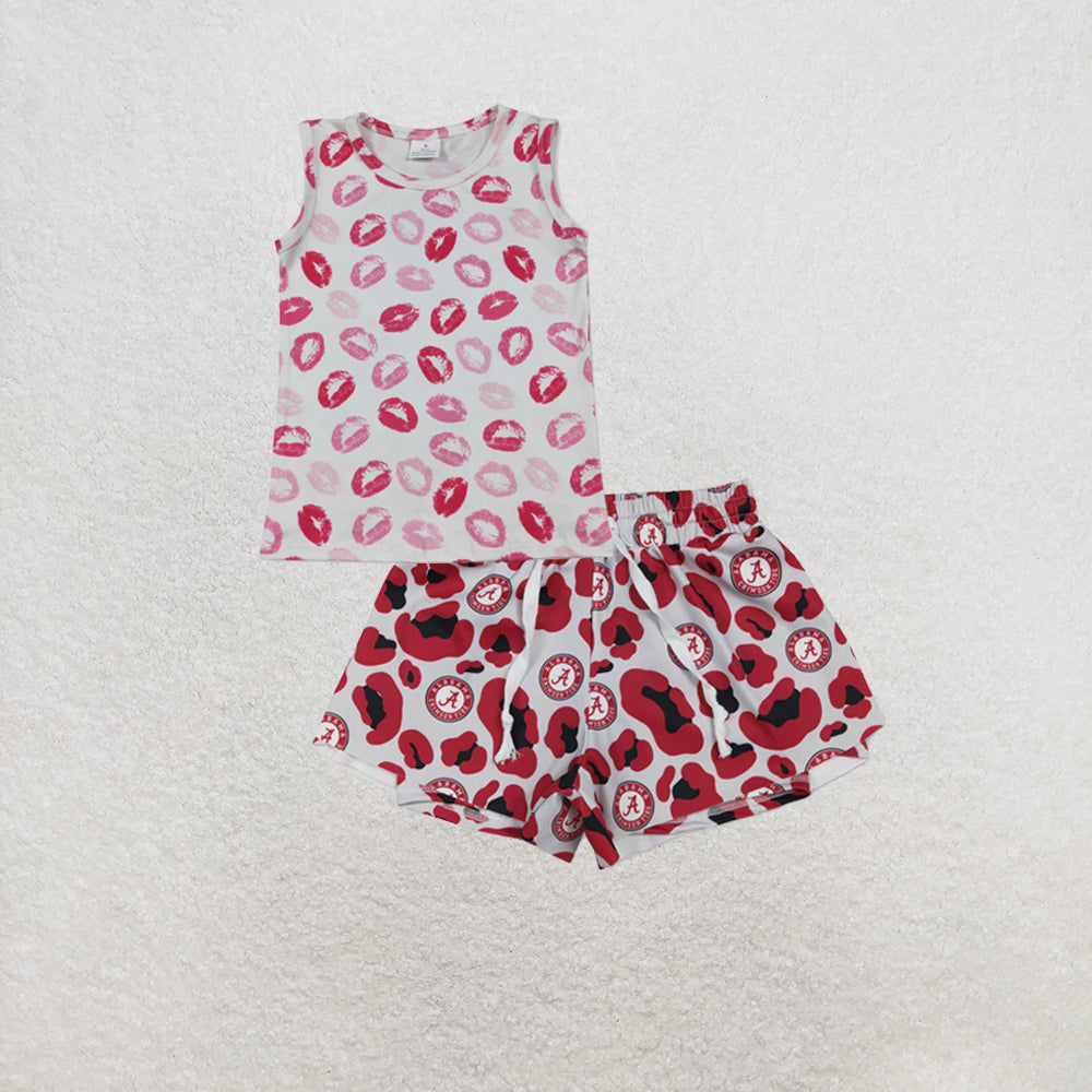 RTS NO MOQ milk silk GT1419+SS0817 Baby Girls Sleeveless Pink Mouths Valentines Vest Tops Shorts Set
