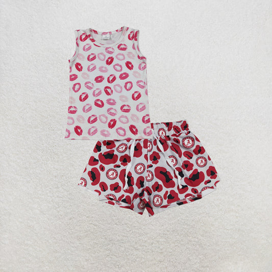RTS NO MOQ milk silk GT1419+SS0817 Baby Girls Sleeveless Pink Mouths Valentines Vest Tops Shorts Set
