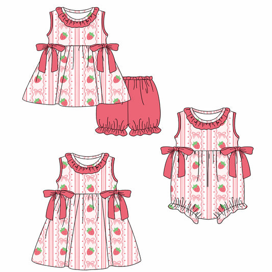 26.1.20 custom each style moq 5 eta 6-8week Sibling Sister strawberry bow baby short sleeve shorts sets and romper and dress match design