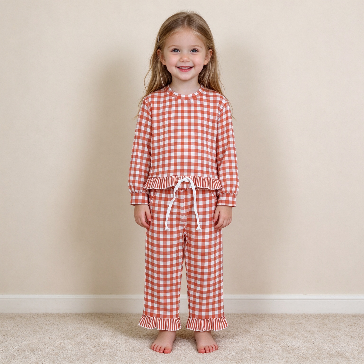 NEW RTS NO MOQ milk silk GLP3672 Baby Girls Checked Long Sleeve Top Side Pockets Ruffle Pant Fall Set