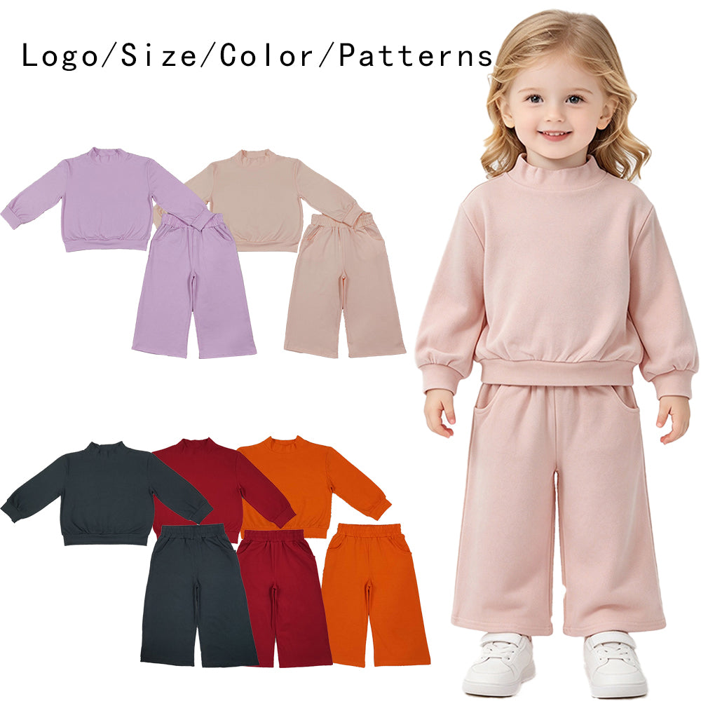 RTS NO MOQ Sibling cotton Baby Girls High Neck Solid Long Sleeve Top And Wide Leg Pant Outfit Set