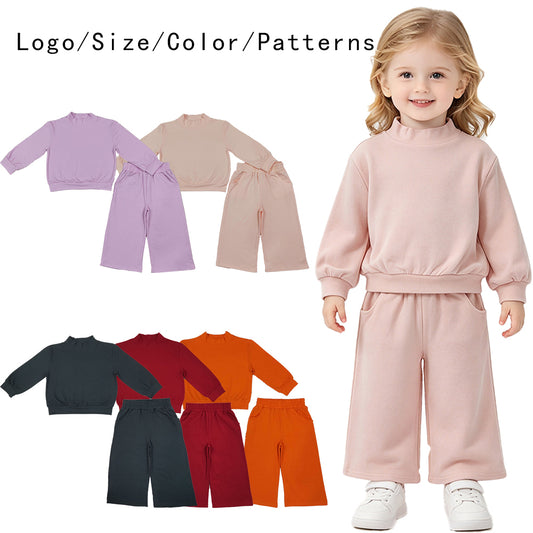 RTS NO MOQ Sibling cotton Baby Girls High Neck Solid Long Sleeve Top And Wide Leg Pant Outfit Set