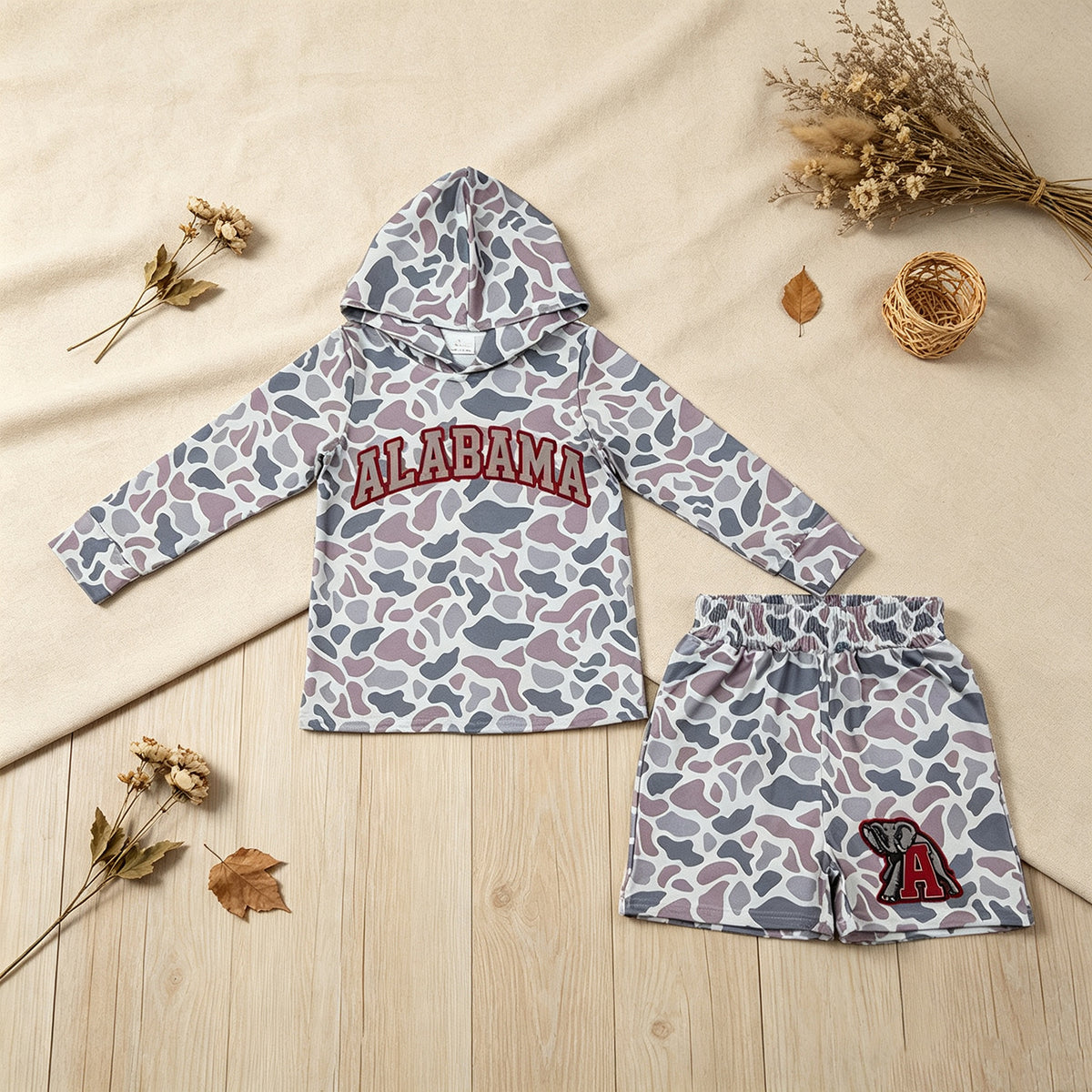 NEW RTS NO MOQ milk silk BLS0044 Baby Boys Grey Camo Long Sleeve Hoodie Short Team Set
