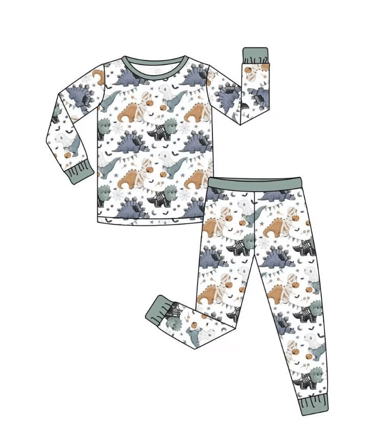 5.9custom each style moq 5eta 4-5week Sibling Sister Halloween cute dinosaur prints green girls and boys outfits and baby rompers match family design