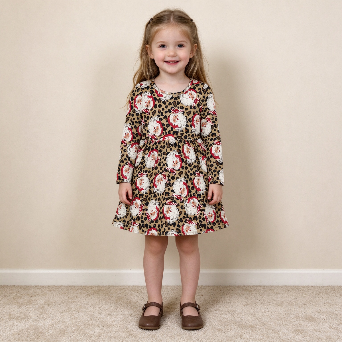 NEW RTS NO MOQ milk silk GLD1761 Baby Girls Long Sleeve Leopard Santa Christmas Knee Length Dress