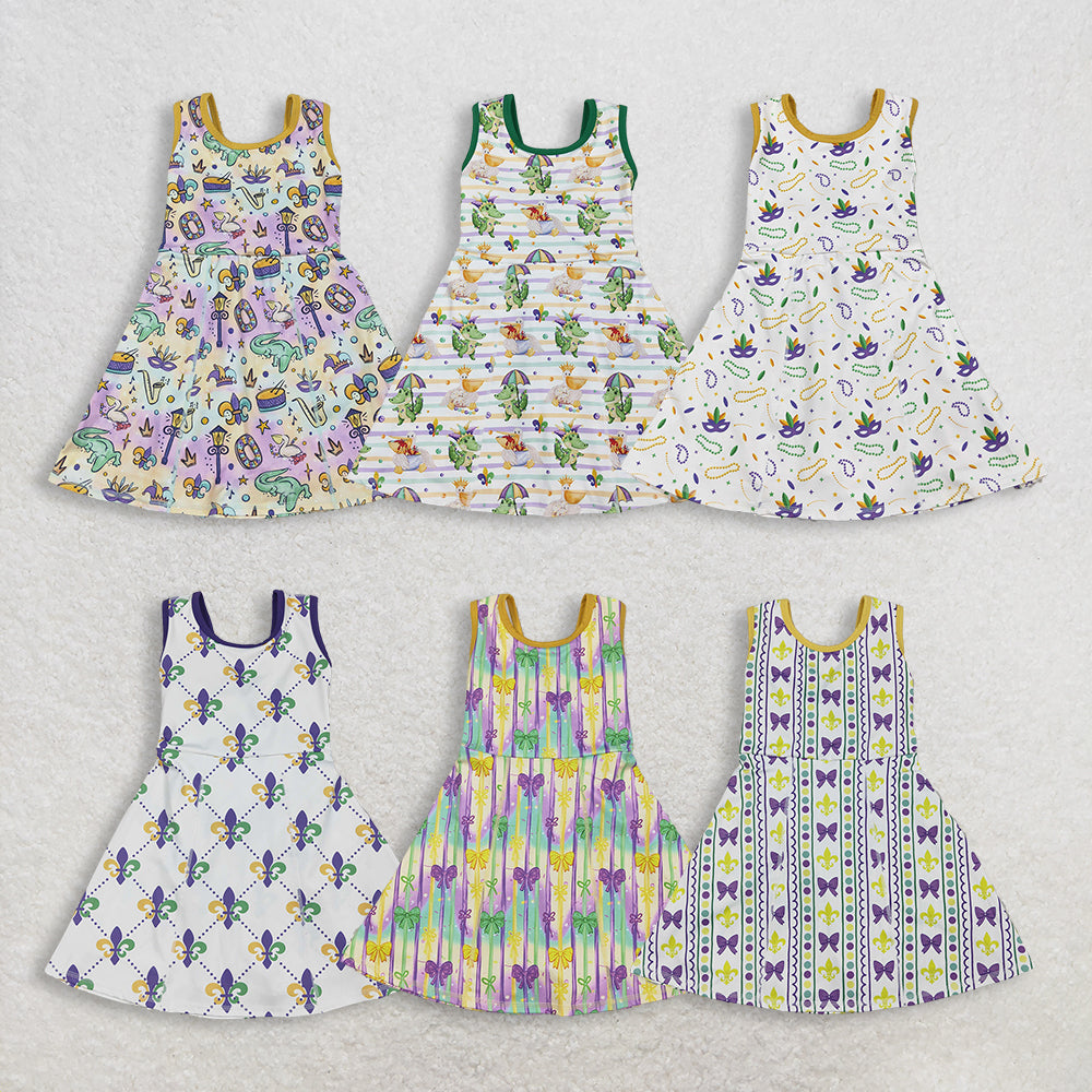 RTS NO MOQ Sibling Baby Girls Mardi Gras Anchors Print Yoga Shorts Knee-Length Dress Set Cute Festive Outfit for Little Ones
