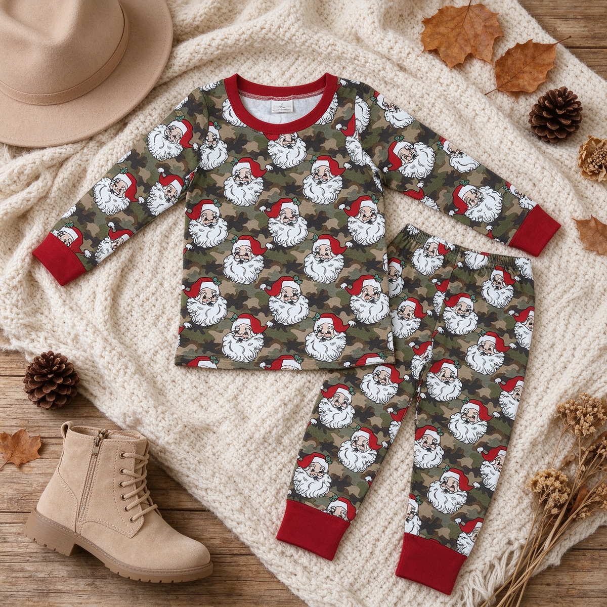NEW RTS NO MOQ milk silk BLP1600 Baby Boys Green Camo Santa Print Long Sleeve Top Pant Christmas Pajamas Sets