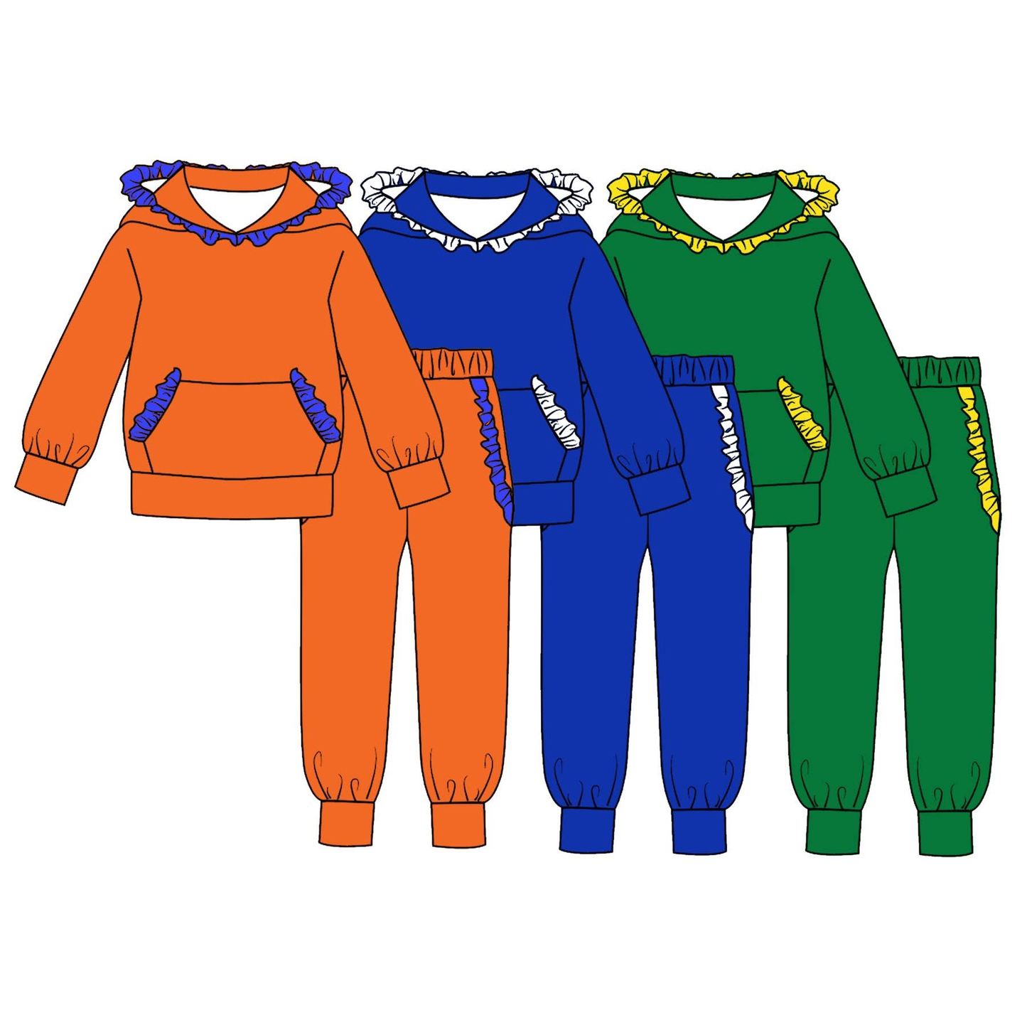 (Preorder new) No moq Baby Girls Solid Color Long Sleeve Ruffle Hoodie Pocket Top Matching Joggers Set