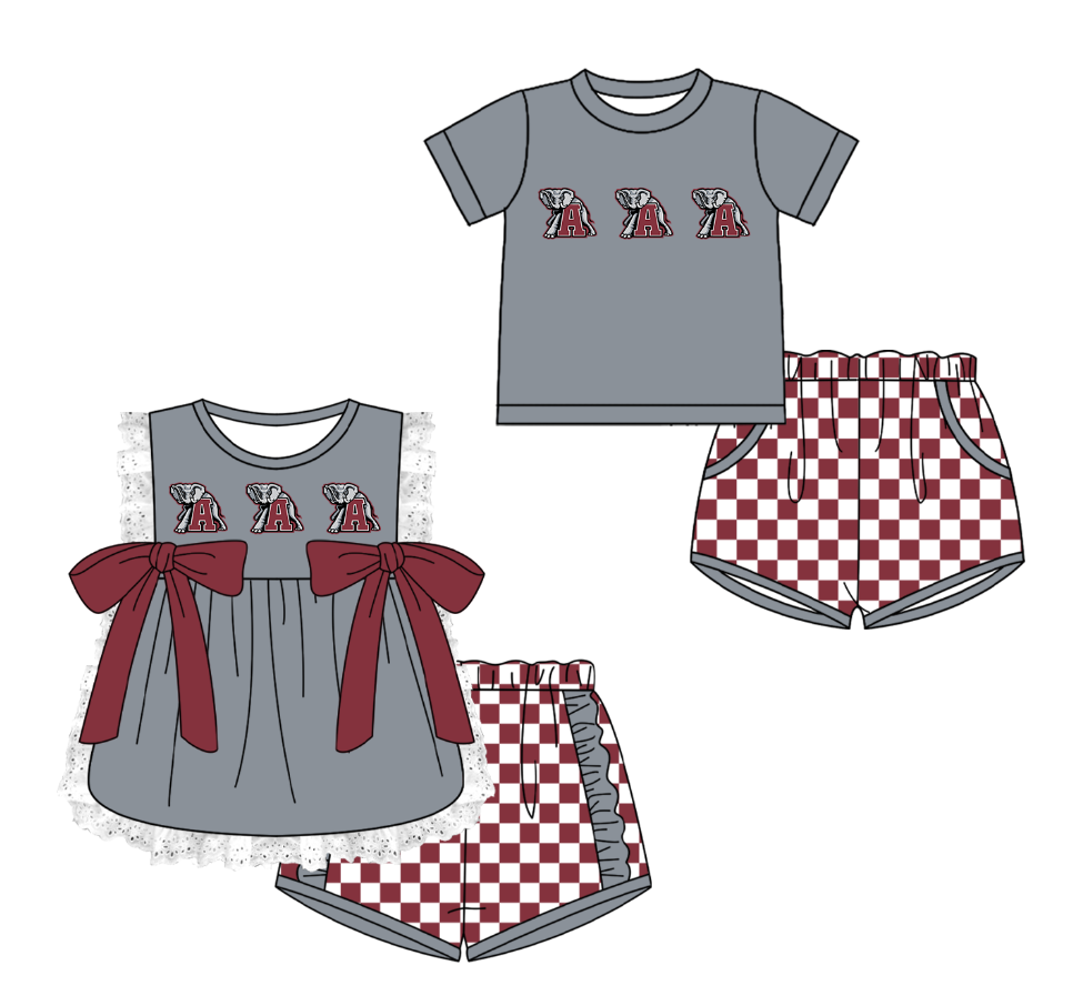 Custom moq 5 mix size milk silk summer teams Gray Girl Sleeveless Top And Plaid Shorts Set with Bow Boy Short Sleeved Top And Plaid Shorts Set