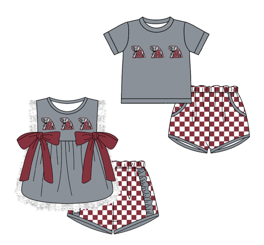 Custom moq 5 mix size milk silk summer teams Gray Girl Sleeveless Top And Plaid Shorts Set with Bow Boy Short Sleeved Top And Plaid Shorts Set