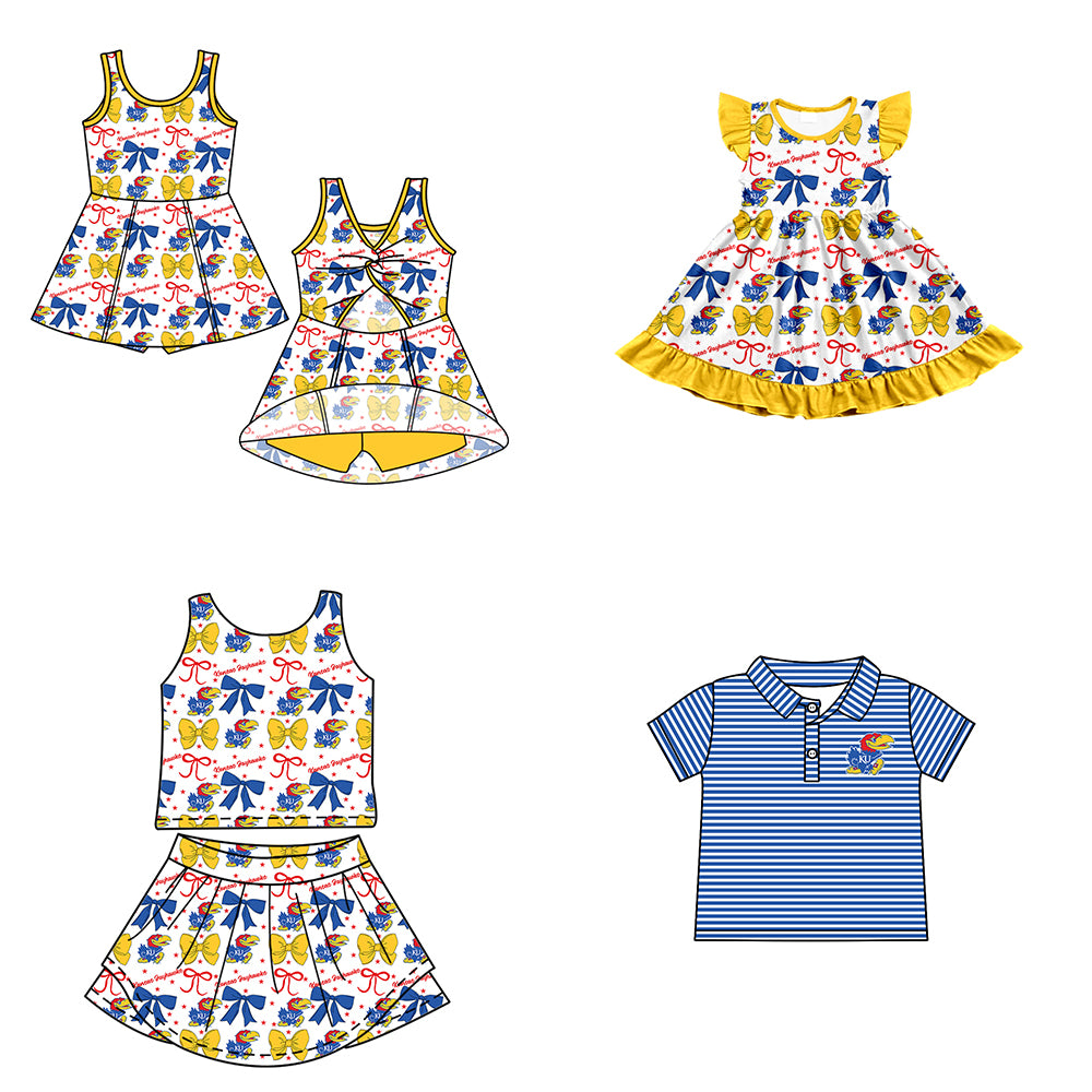 Custom moq 5 mix size milk silk summer teams baby girls clothes team bow yellow sleeveless skirts sets and dress 1 and dress 2 and top-25.6.23