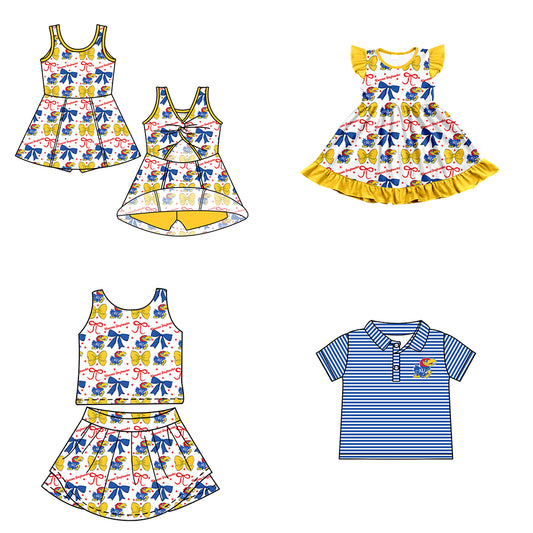 Custom moq 5 mix size milk silk summer teams baby girls clothes team bow yellow sleeveless skirts sets and dress 1 and dress 2 and top-25.6.23