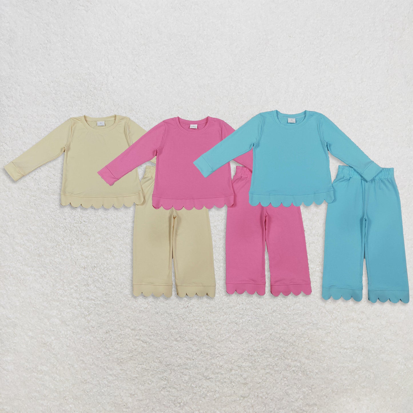 RTS NO MOQ Sibling milk silk Baby Girls Long Sleeve Top Pants Scallop Pajamas Clothes Sets