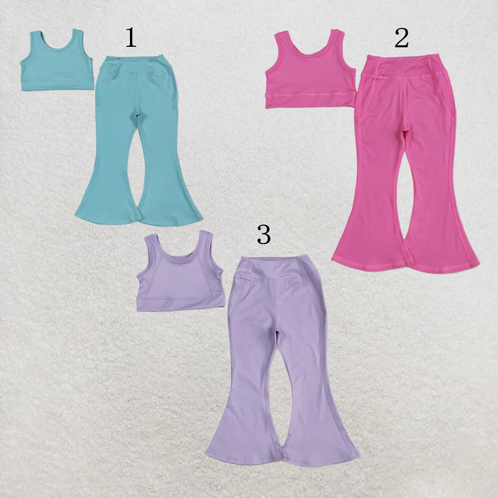 RTS NO MOQ Sibling 3 Colors Baby Girls Yoga Vest Bell Bottom Pants Active Wear Outfits