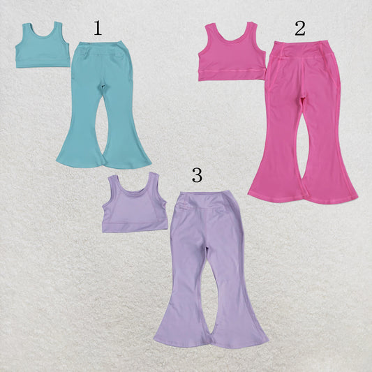 RTS NO MOQ Sibling 3 Colors Baby Girls Yoga Vest Bell Bottom Pants Active Wear Outfits
