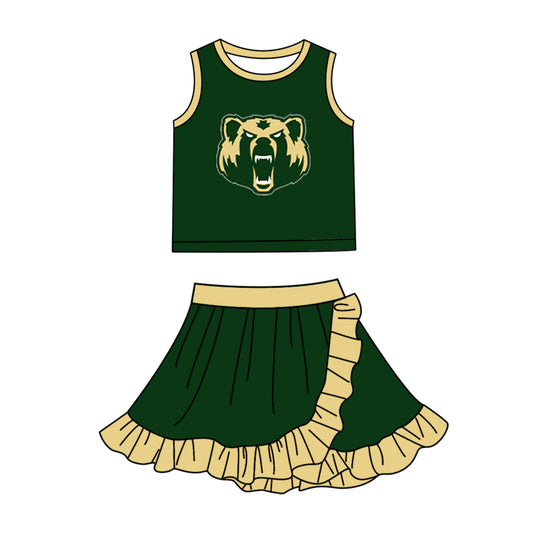 Custom moq 5 mix size milk silk summer teams Baby Girls Green Vest Scallop Skirt Yoga Set