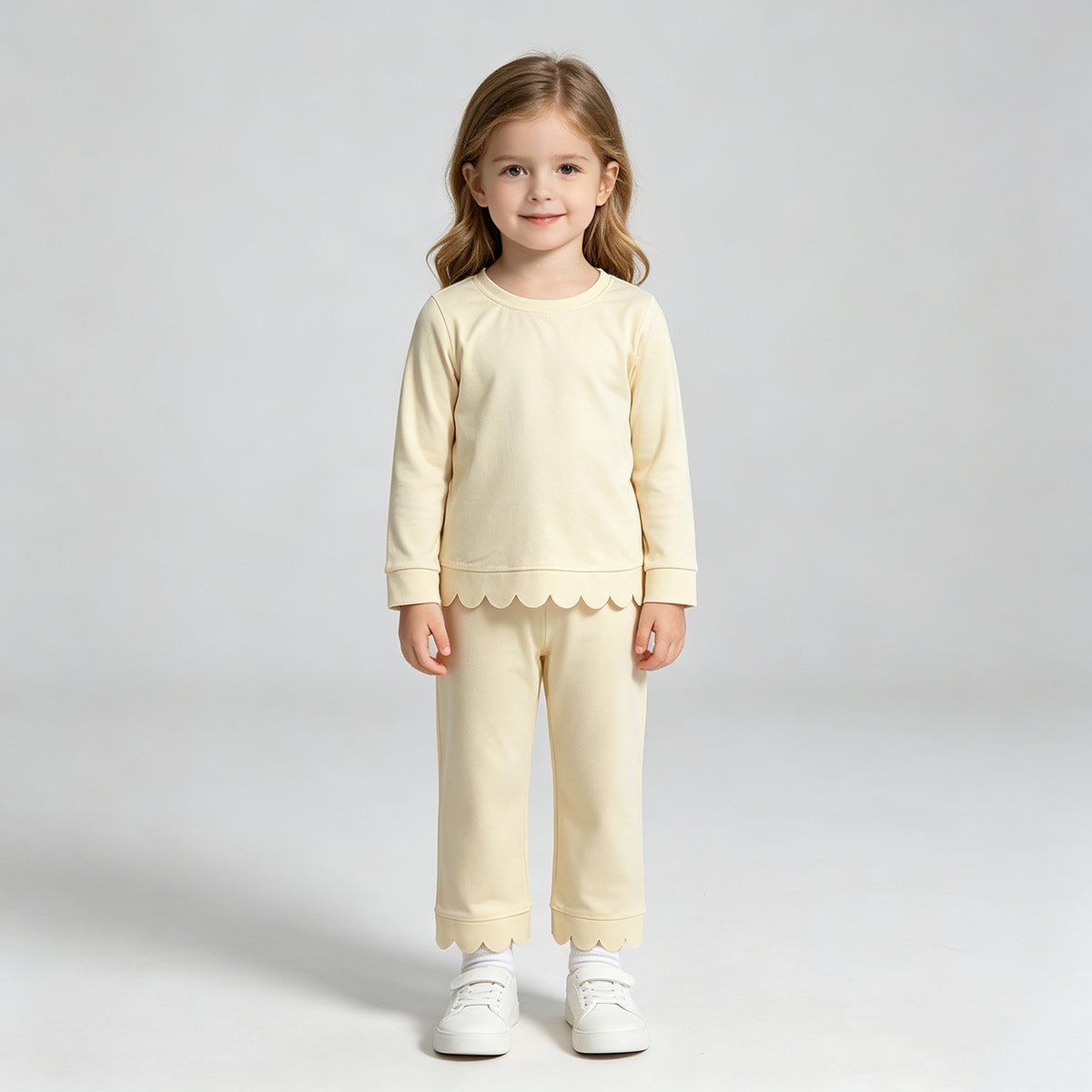 NEW RTS NO MOQ cotton GLP3293 Baby Girls Yellow Scallop Trim Long Sleeve Top And Pants Two Piece Pajama Set