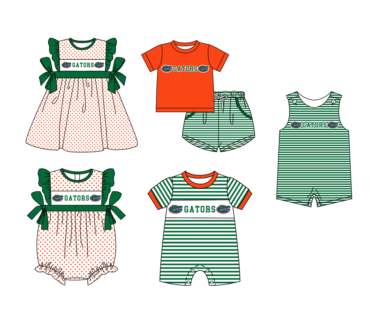 Custom moq 5 mix size milk silk summer teams Boys Short Sleeve Top Green Striped Shorts Set With Matching Romper Girls Flutter Sleeve Polka Dot Dress Romper
