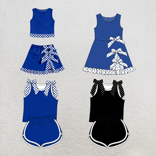 custom moq 5 mix size Baby Girls Black Bow Sleeveless Top Shorts Sets Blue Vest Top Bows Skirt Shorts Sets Dress Yoga Active Scallop Sets