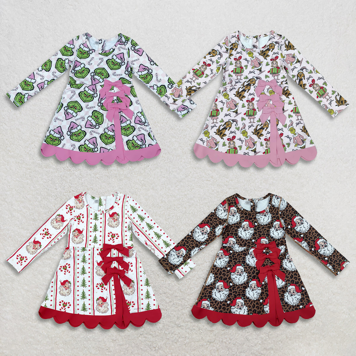 RTS NO MOQ Sibling yoga fabric Baby Girls Yoga Christmas Long Sleeve Scallop Dress With Back Bow