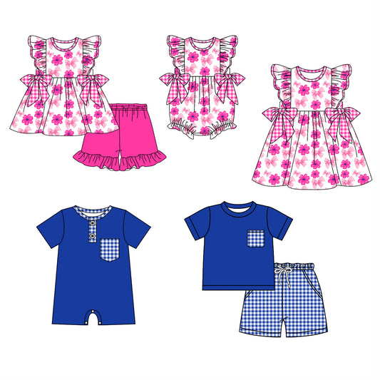 25.12.5 custom each style moq 5 eta 6-8week Sibling Sister floral bow baby short sleeve shorts sets 2 and romper 2 and dress match design