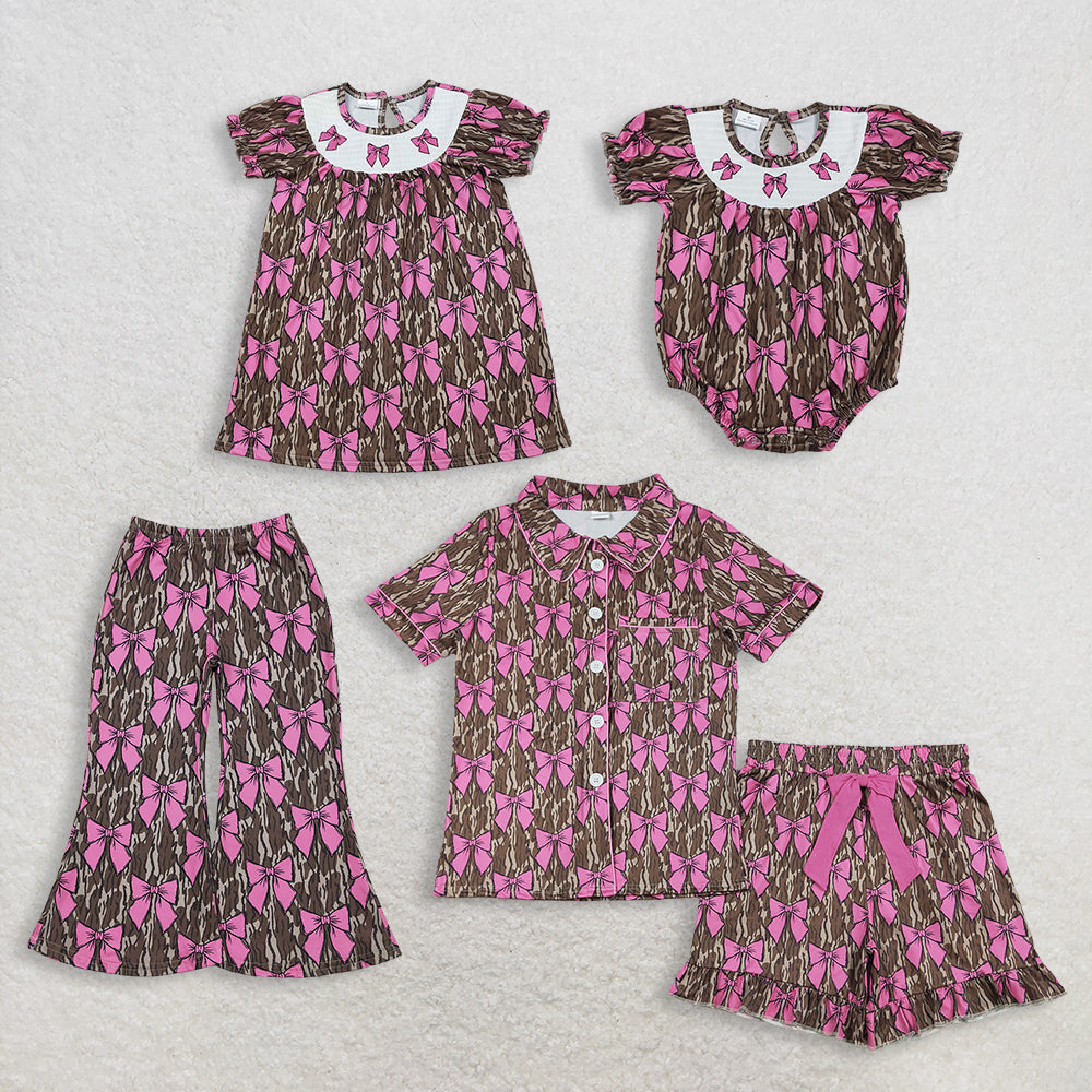 RTS NO MOQ Sibling Smocked Bows Olive Camo Pajamas Set for Baby Girls And Women Ruffle Romper Flare Pants Knee Length Dress Top Ruffle Shorts