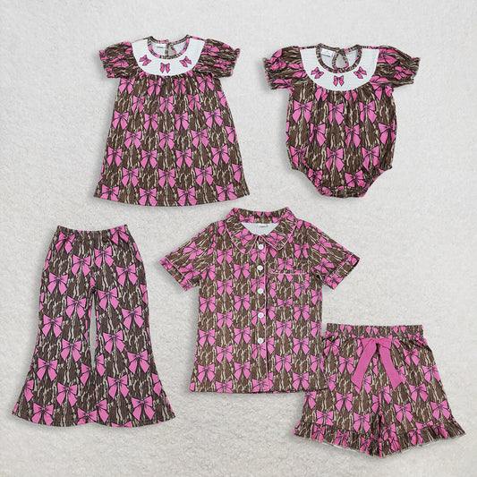 RTS NO MOQ Sibling Smocked Bows Olive Camo Pajamas Set for Baby Girls And Women Ruffle Romper Flare Pants Knee Length Dress Top Ruffle Shorts