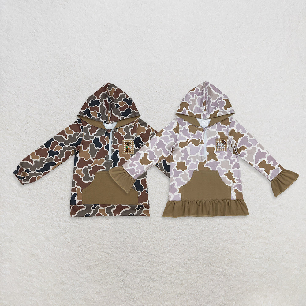 RTS NO MOQ Sibling Baby Girls boy clothes embroidery Zipper Stand Collar Pullover hooded Long Sleeve Top
