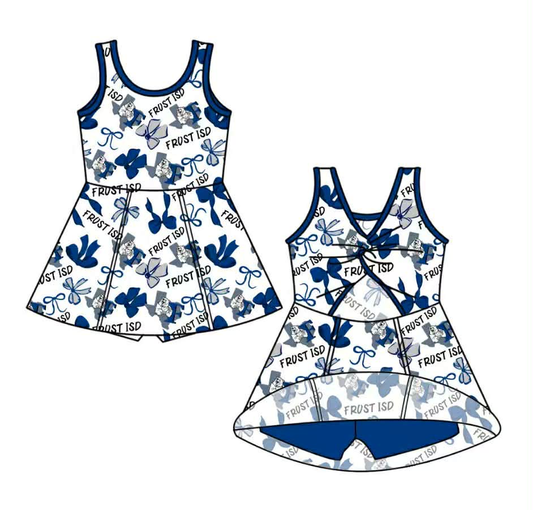 Custom moq 5 mix size milk silk summer teams Blue Bow Baby Girl's Sleeveless Knee-Length Yoga Dress