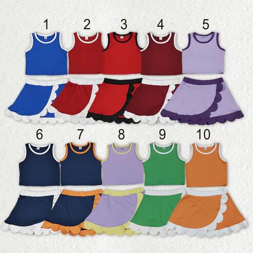 RTS NO MOQ Sibling yoga fabric cotton Baby Girls Summer Sleeveless Top Scallop Pattern Casual Sports Outfit Set