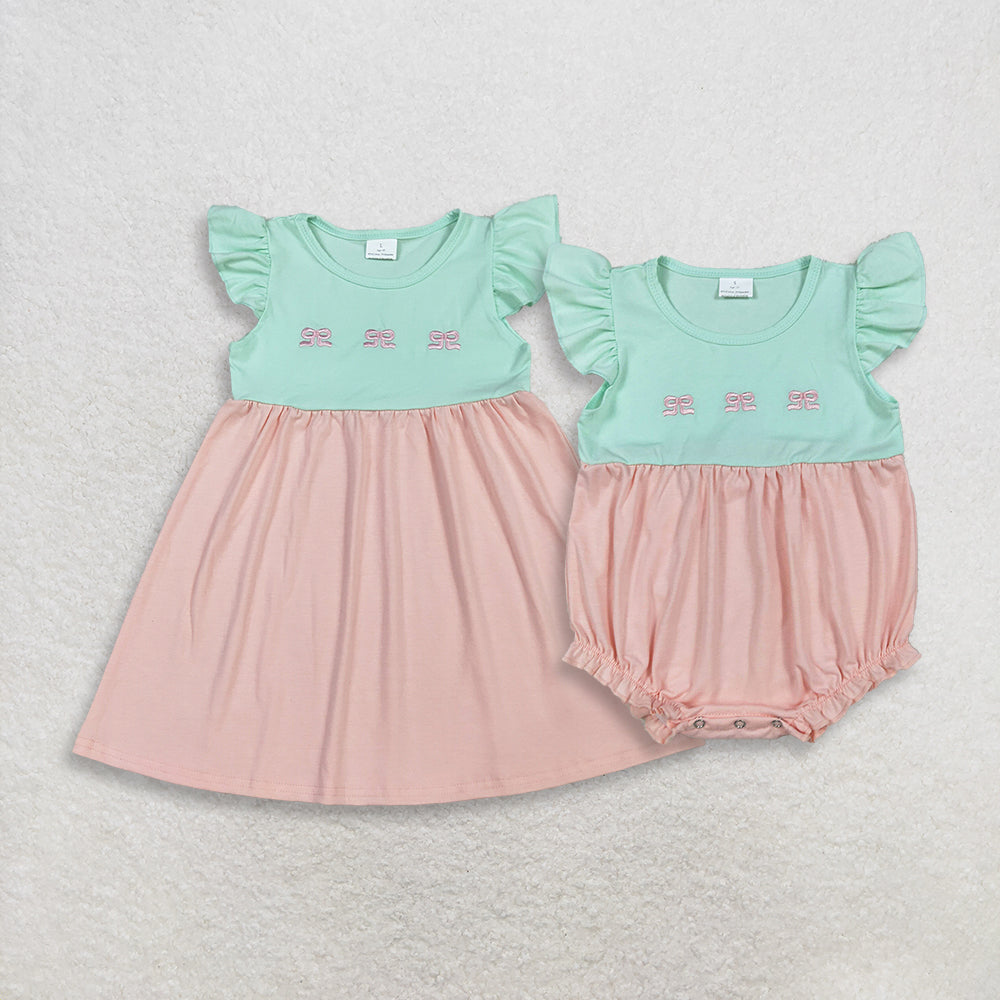 RTS NO MOQ Sibling Baby Girls Embroidery Bows Flutter Sleeve Patchwork Knee Length Dress Rompers for Girls