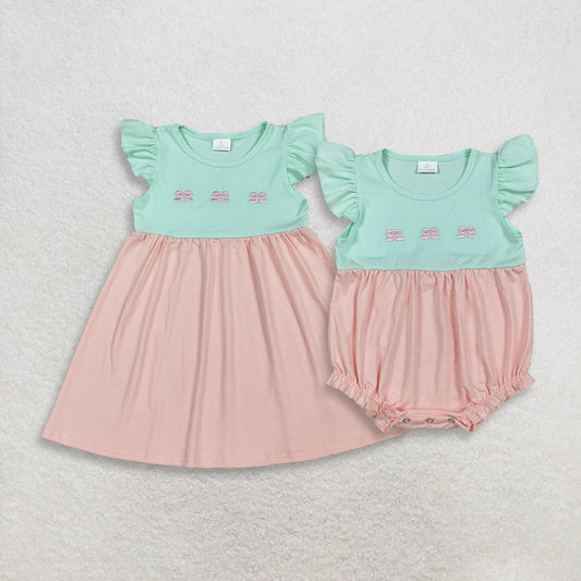 RTS NO MOQ Sibling Baby Girls Embroidery Bows Flutter Sleeve Patchwork Knee Length Dress Rompers for Girls
