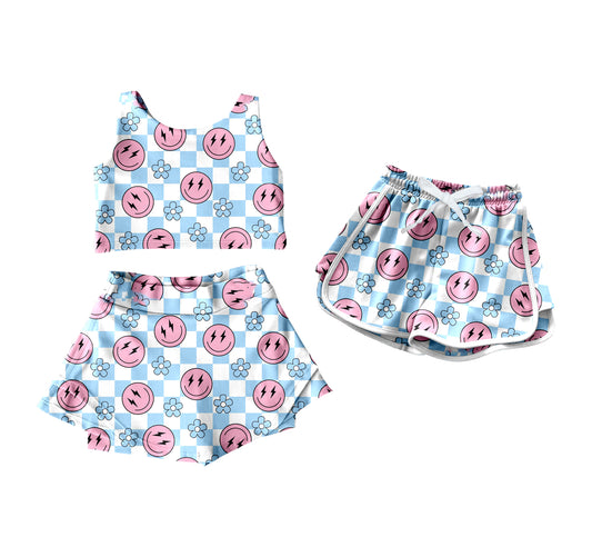4.12 custom each style moq 5eta 4-6week Sibling Sister smiley floral baby girls clothes Short sleeve yoga dress and shorts match family design