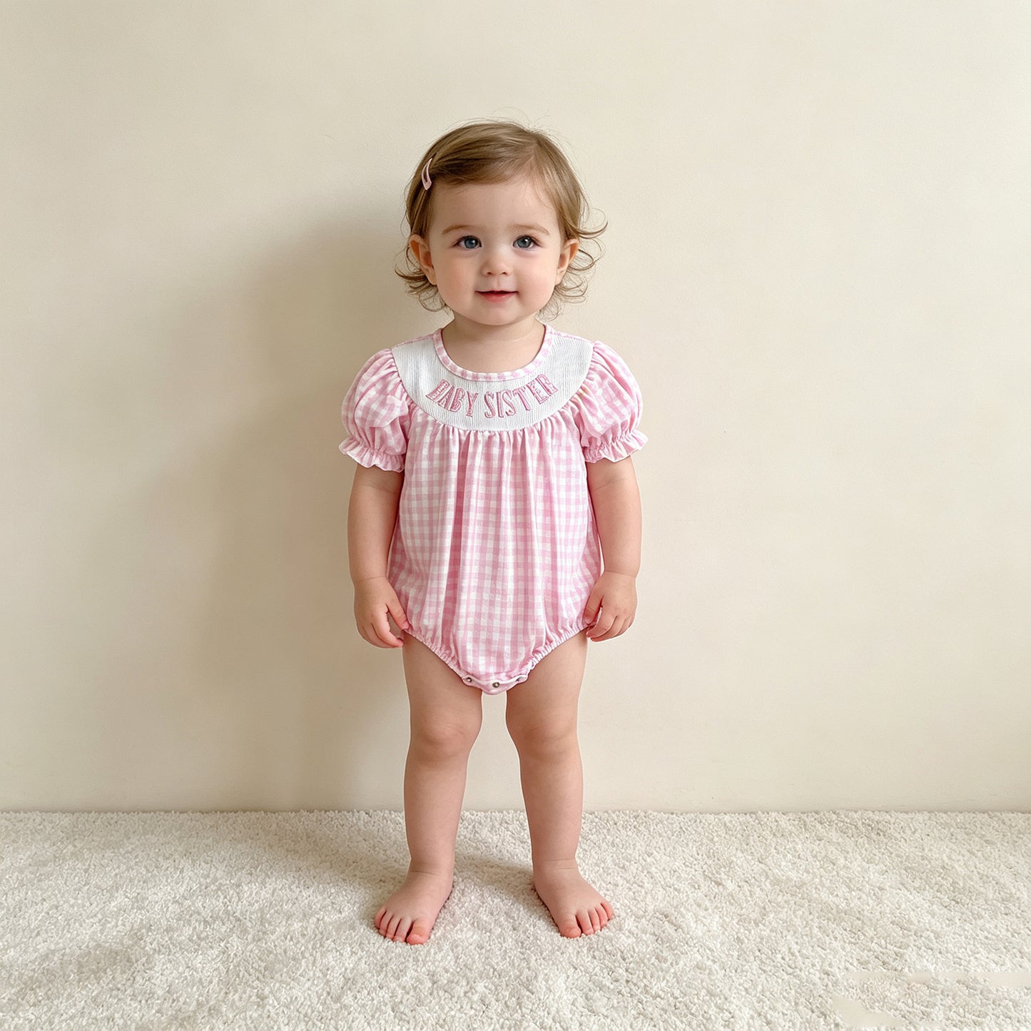 NEW RTS NO MOQ milk silk SR4230 Smocked Baby Girls Pink Plaid Short Sleeve Ruffle Cute Rompers
