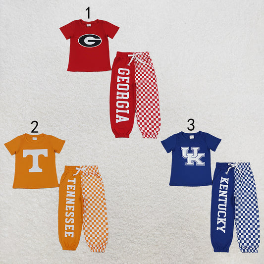 RTS NO MOQ Sibling milk silk Baby Boys Team Short Sleeve Tee And Checker Jogger Pant Set