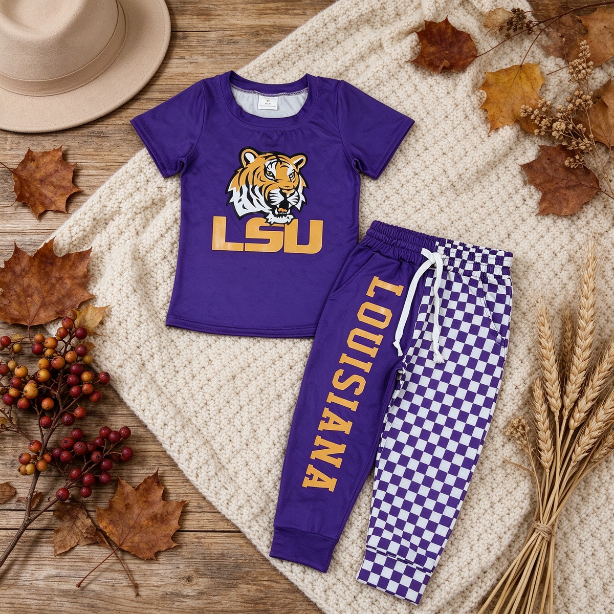 NEW RTS NO MOQ milk silk BT1884+P1061 Baby Boys Purple Shirt Top Pockets Joggers Team Sets