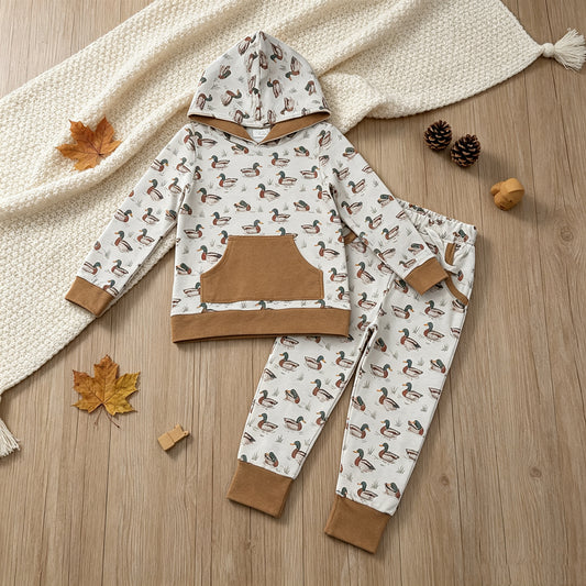 NEW RTS NO MOQ milk silk BLP1510 Baby Boys Ducks Pocket Hoodie Jogger Pants Hunting Clothes Set