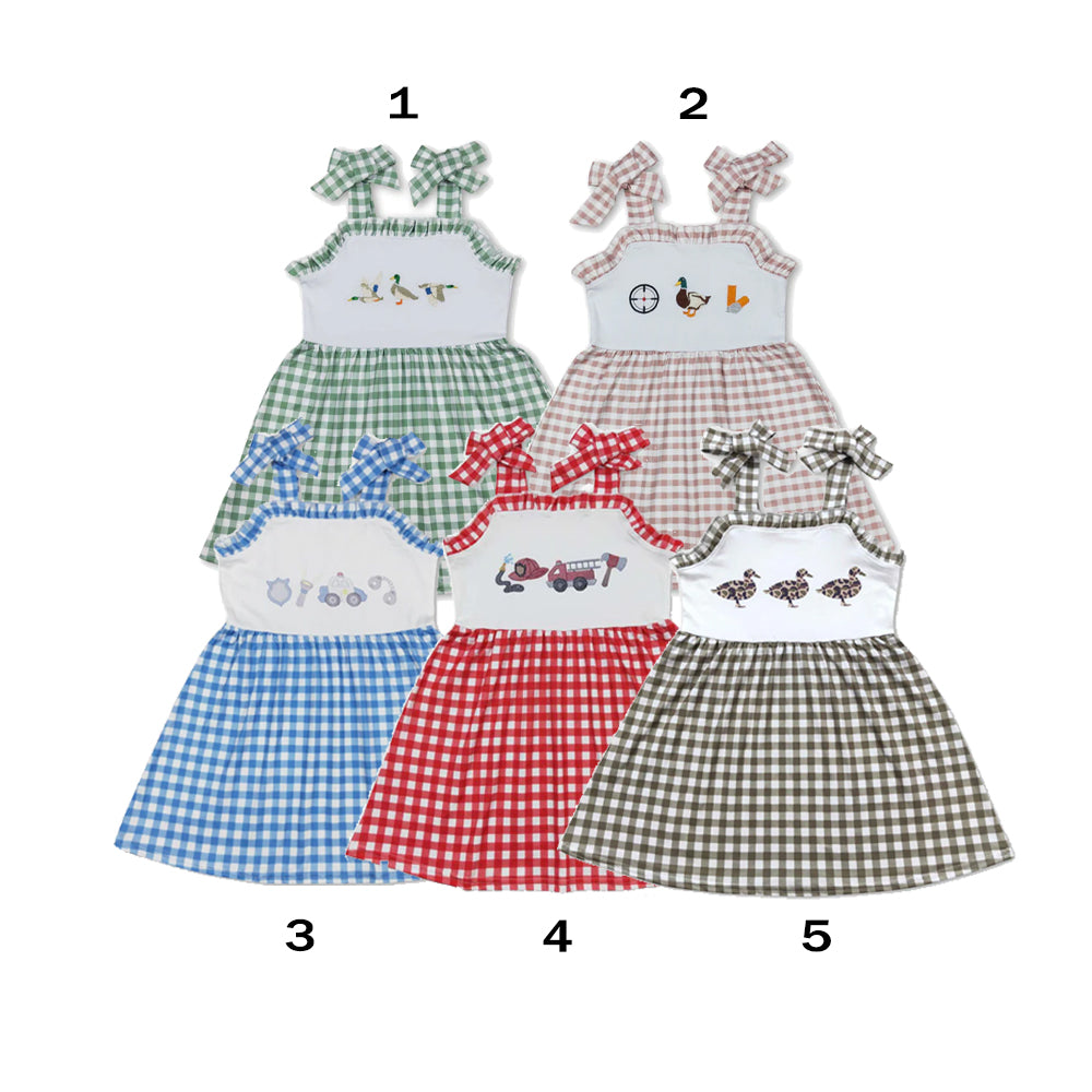 RTS NO MOQ Sibling milk silk Baby Girls Cute Checkered Straps Hem Ruffle Knee Length Dress