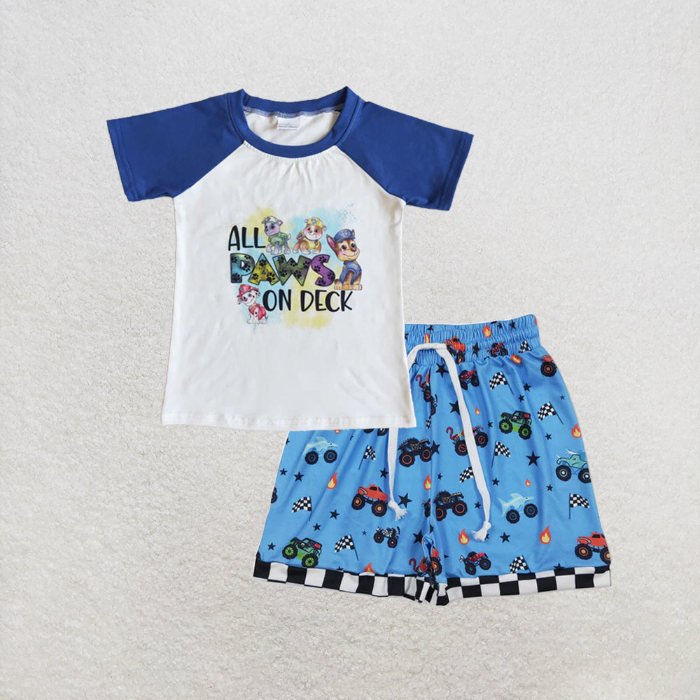 RTS NO MOQ milk silk D6-2+SS0736 boys short sleeve Blue Motors Cars Flags 4th of July Shorts Set