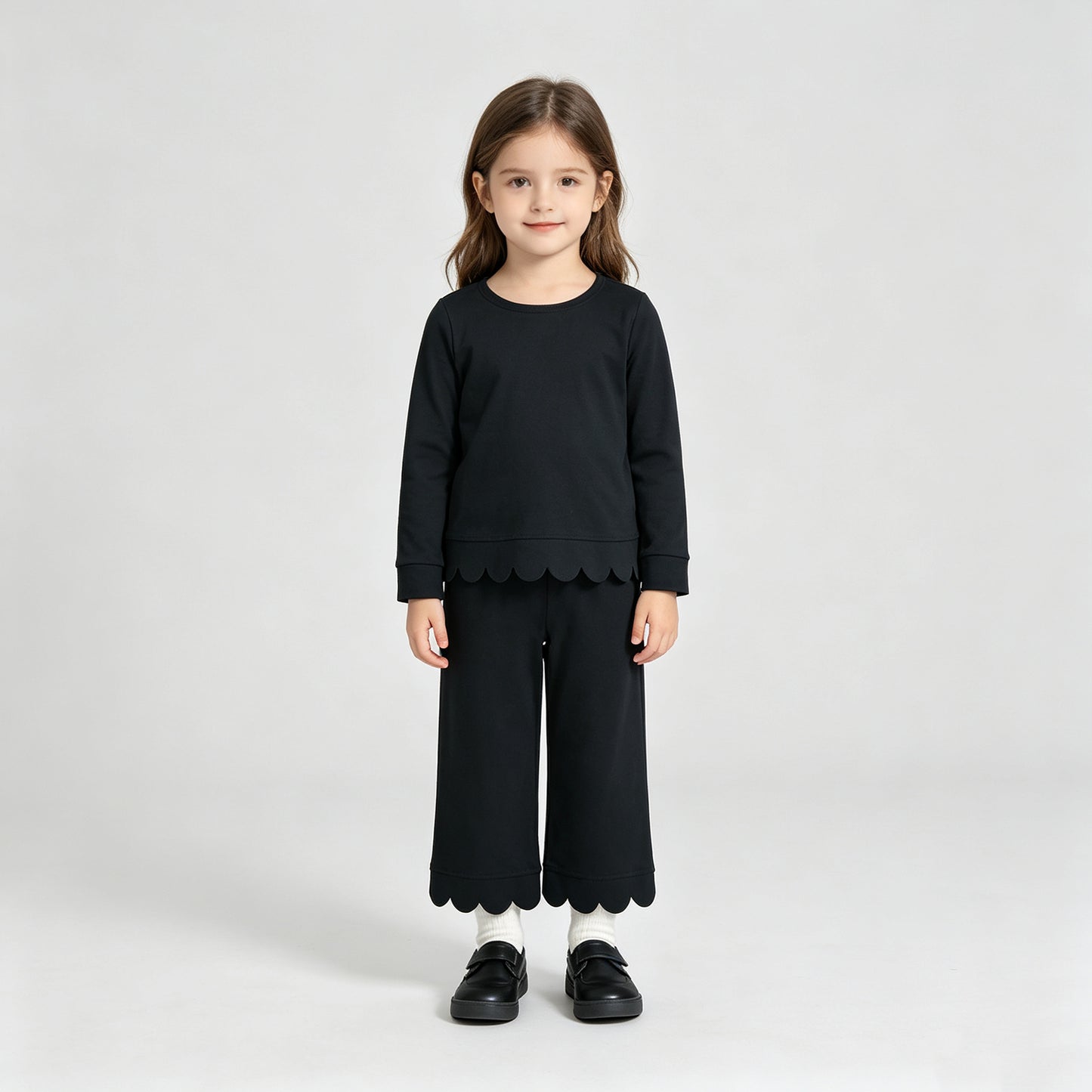 NEW RTS NO MOQ cotton GLP3290 Baby Girls Black Solid Scallop Trim Long Sleeve Top And Pants Two Piece Pajama Set