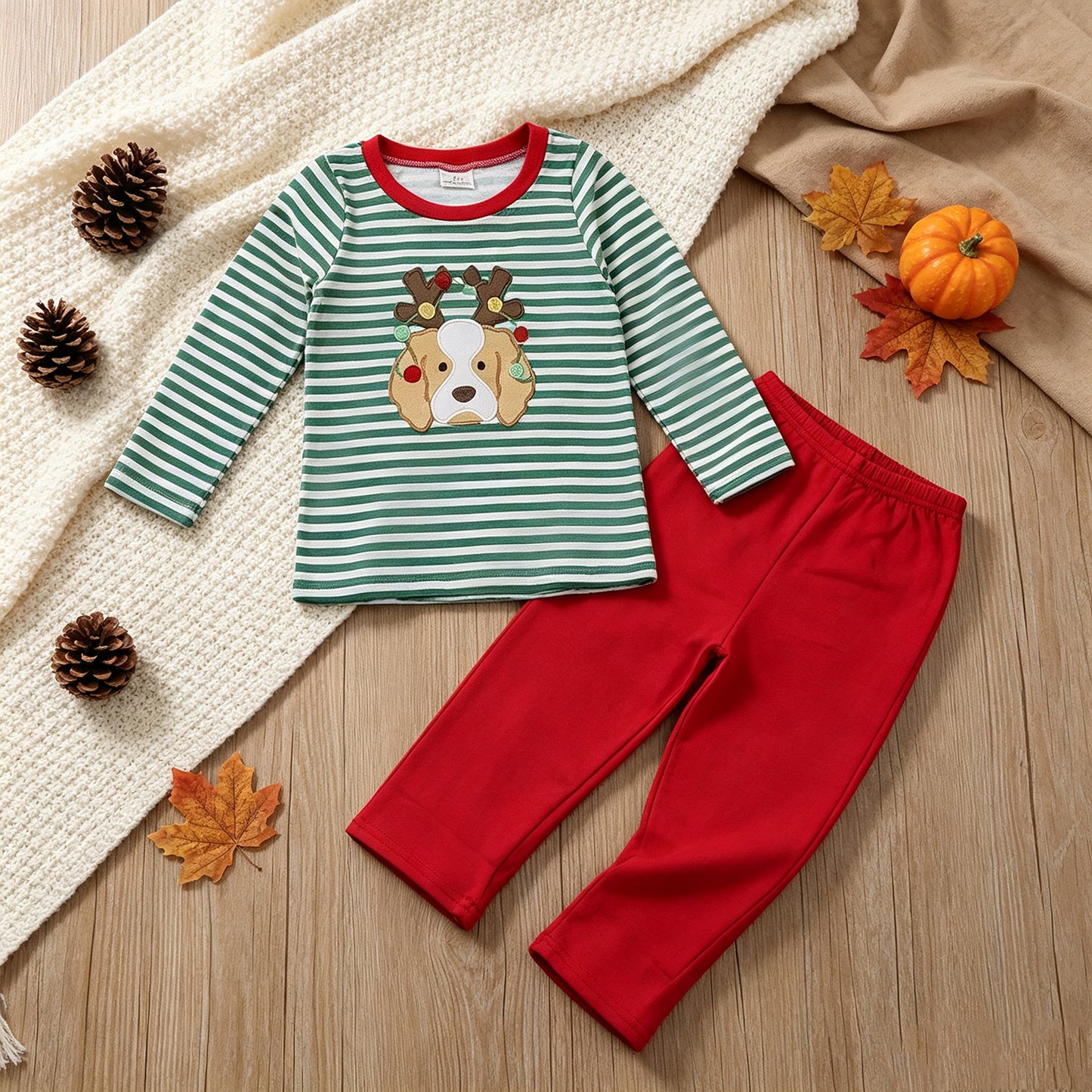 NEW RTS NO MOQ milk silk BLP1502 Embroidery Boys Green Light Dog Top Pant Christmas Casual Outfit